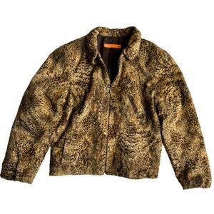 Cynthia Steffe Animal Print Lined Collared Zip Jacket Faux Fur USA